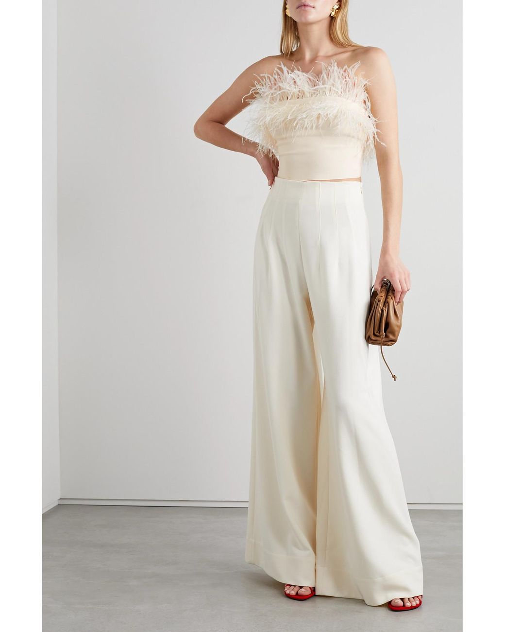 Staud Natural Nellie Strapless Cropped Feather-Trimmed Knitted Top