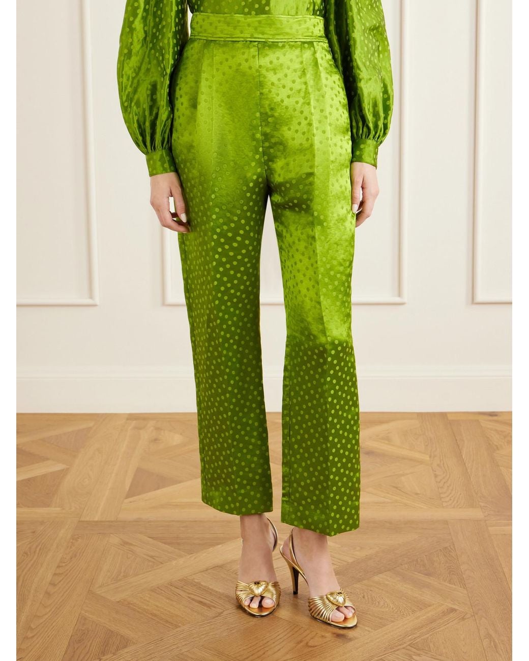 Valentino Garavani Green Polka-Dot Jacquard Linen And Silk-Blend Straight-Leg Pants