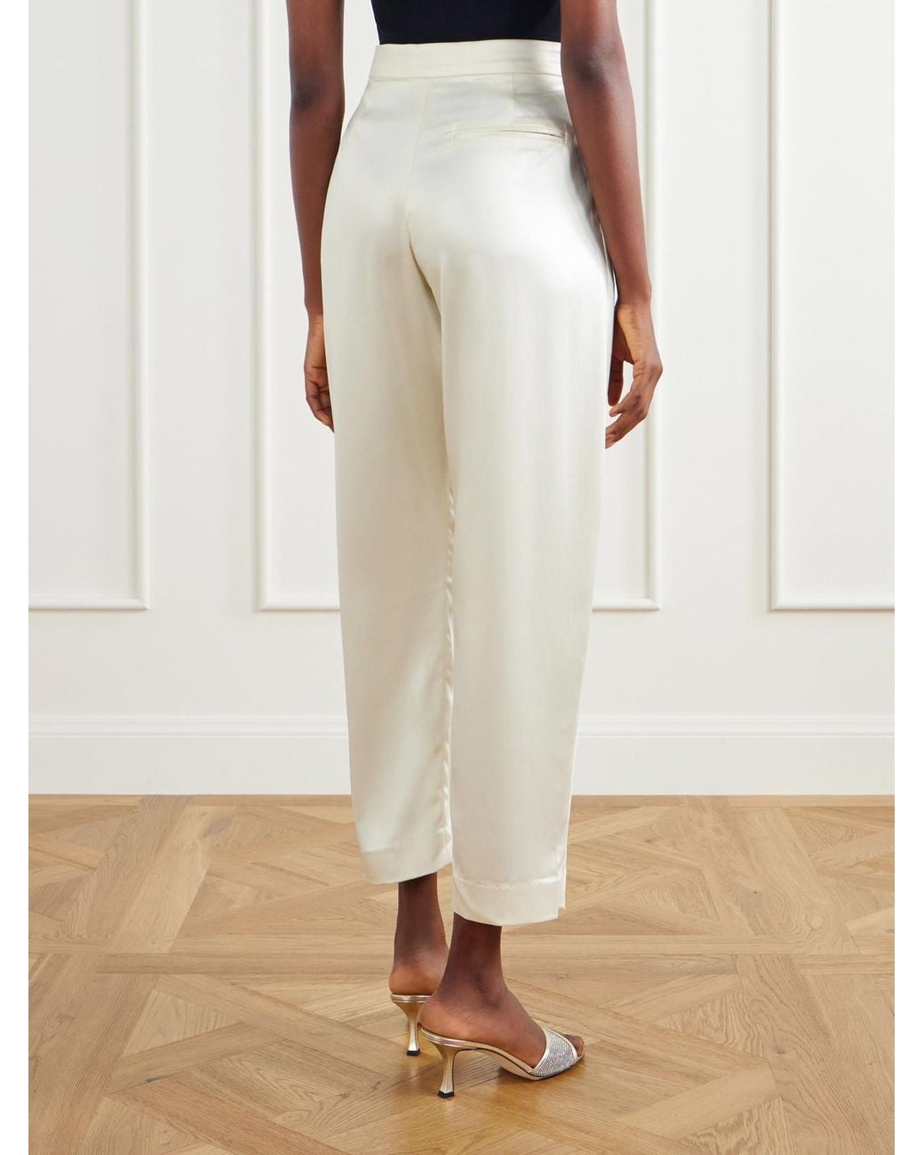 Abadia White Pleated Satin High-Waist Barrel-Leg Pants