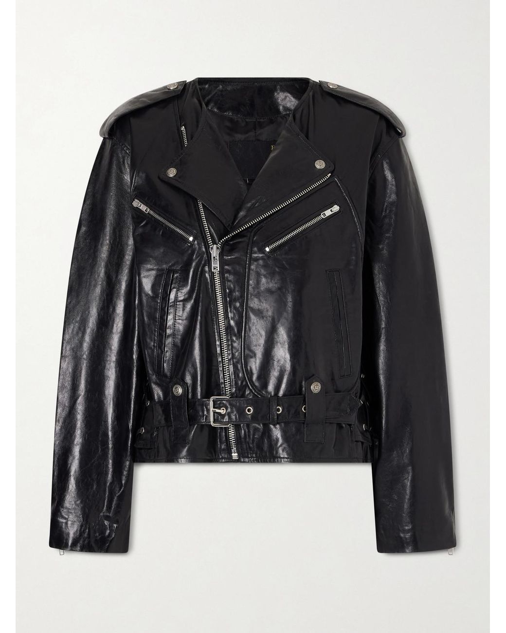 R13 Black Belted Embellished Leather Biker Jacket