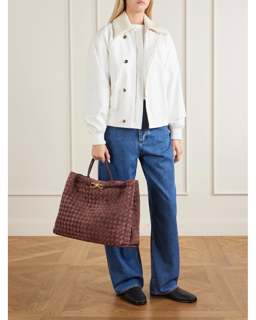 Bottega Veneta Red Andiamo Large Intrecciato Leather-Trimmed Suede Tote