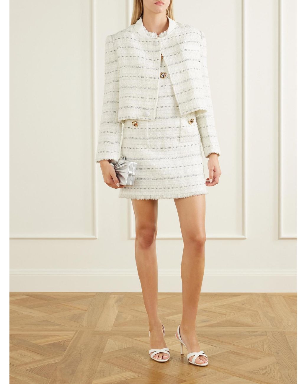 Self-Portrait White Embellished Frayed Bouclé Mini Dress
