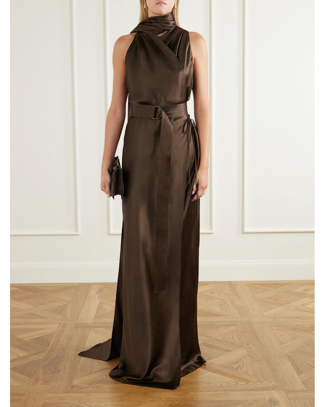Ralph Lauren Natural Rynn Belted Duchess-Silk Halterneck Gown