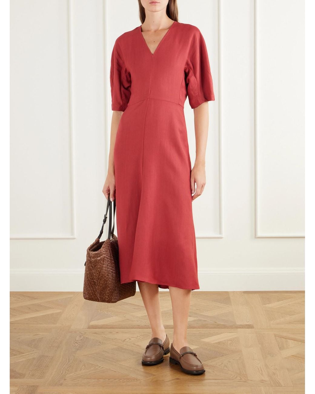 Brunello Cucinelli Red Paneled Woven Midi Dress