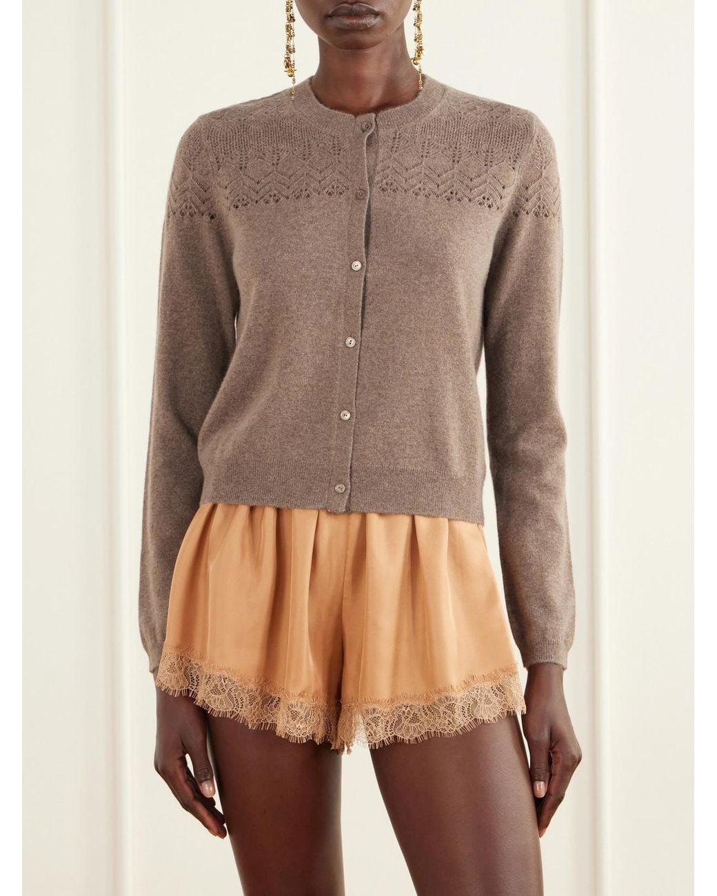 Ulla Johnson Brown Cassia Pointelle-Knit Cashmere Cardigan