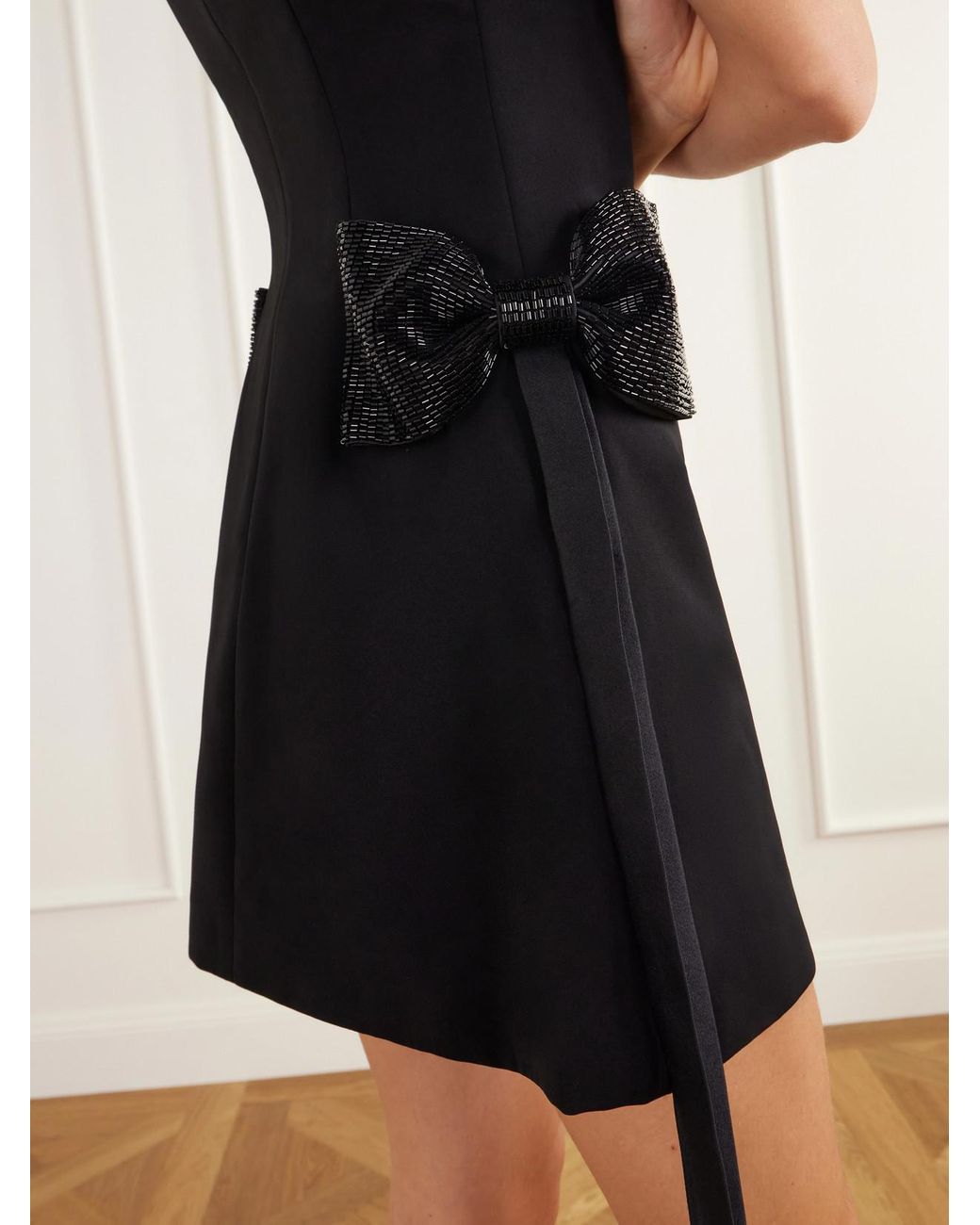 Self-Portrait Black Bow-Detailed Bead-Embellished Crepe Mini Dress