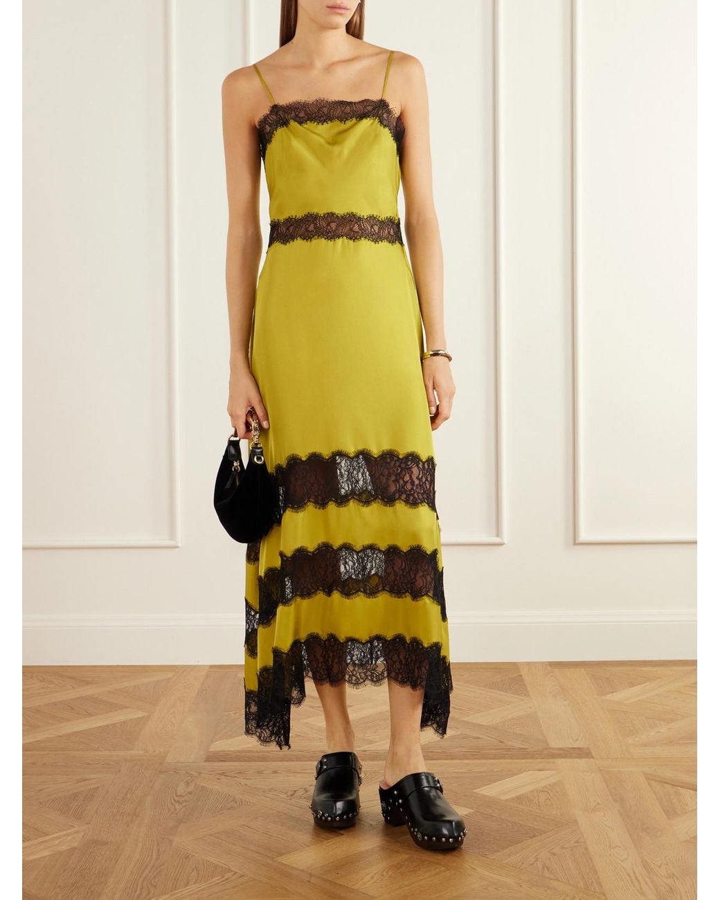 Ulla Johnson Yellow Coco Lace-Trimmed Silk-Satin Midi Dress