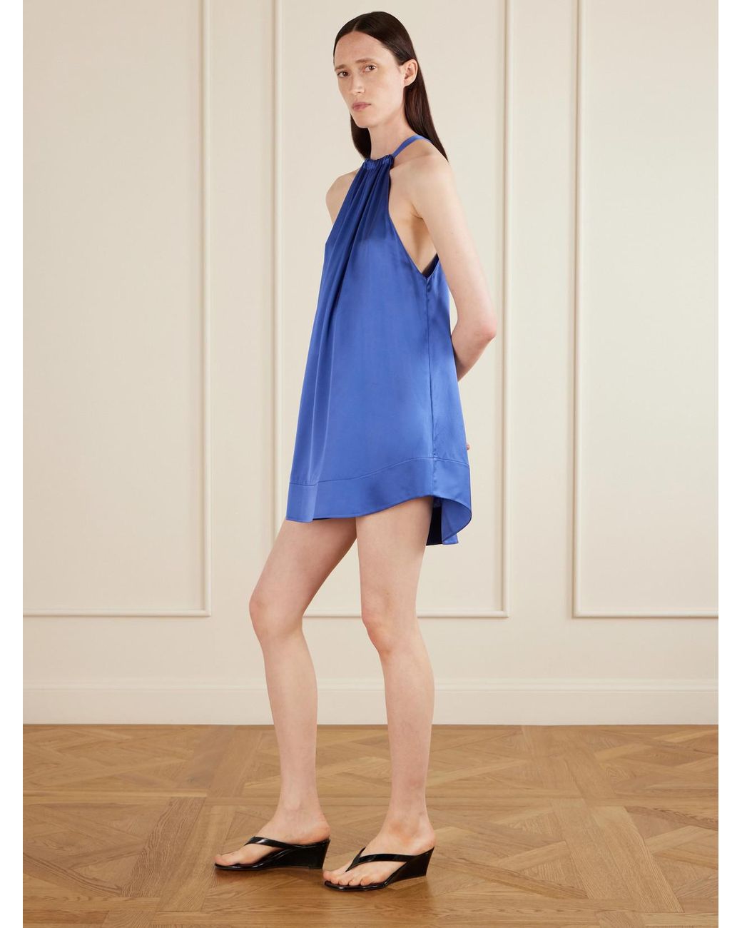 Aflalo Blue Bexley Gathered Silk-Satin Halterneck Mini Dress