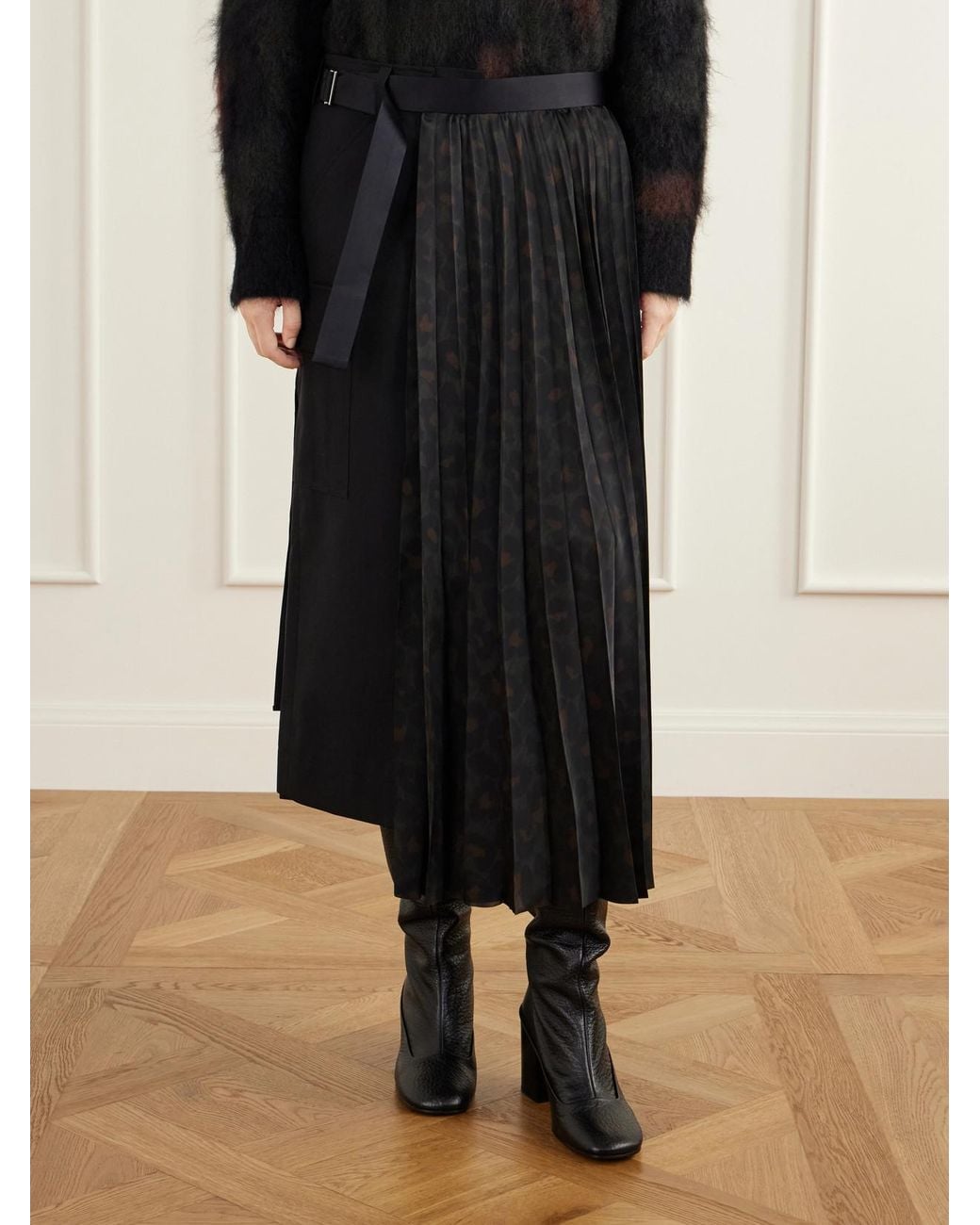 Sacai Black Pleated Leopard-Print Jersey And Satin Midi Skirt