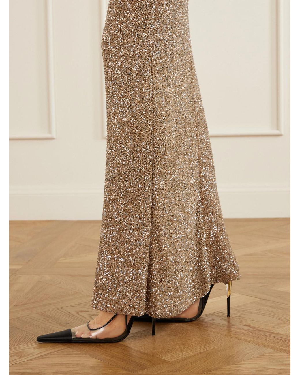 Saint Laurent Natural Sequined Knitted Maxi Dress