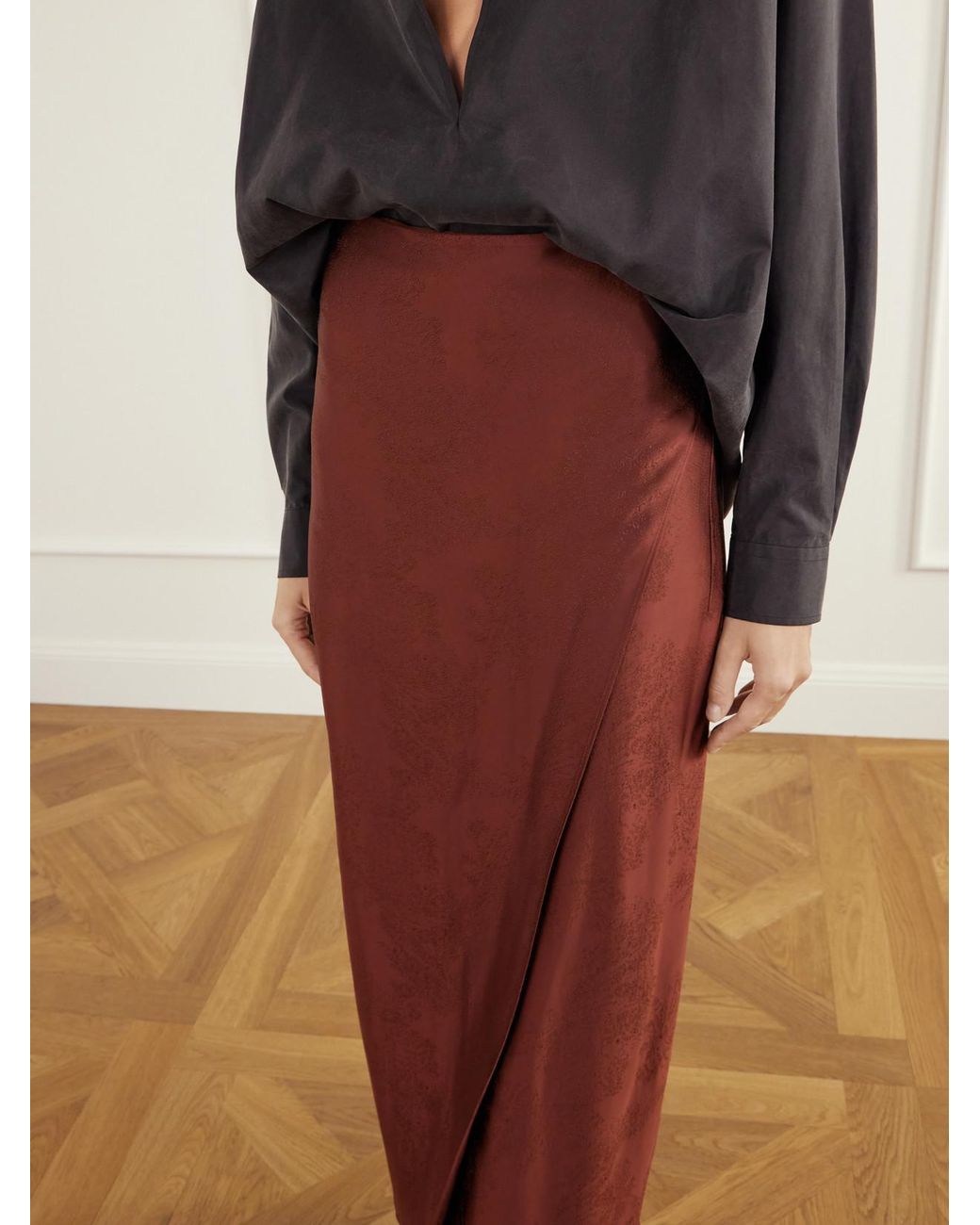 Ruohan Brown Althea Wrap-Effect Satin-Jacquard Maxi Skirt