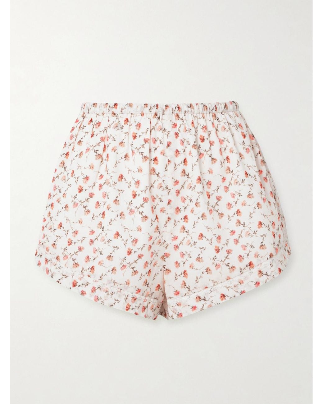 Posse Natural Charlotte Lace-Trimmed Floral-Print Cotton Shorts