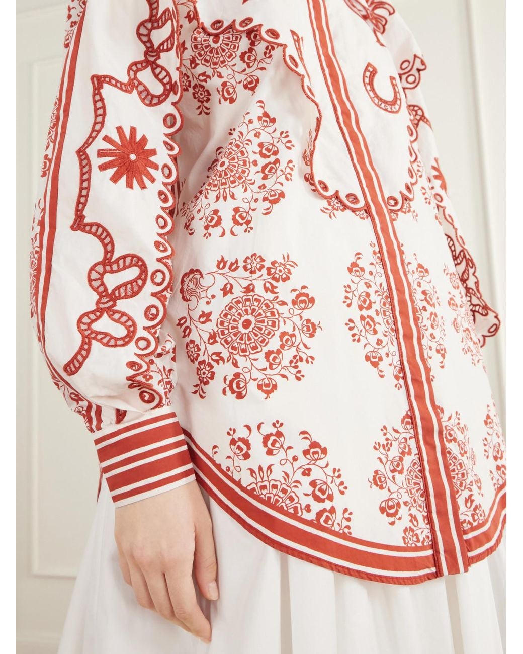ALÉMAIS Giddy Scalloped Embroidered Printed Cotton-Poplin Shirt
