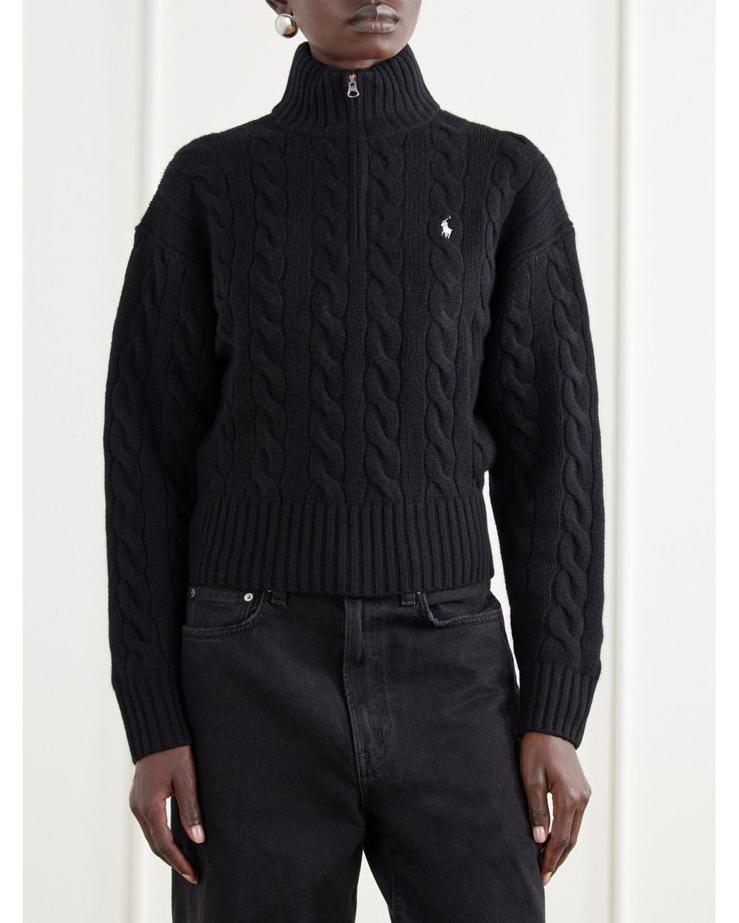 Polo Ralph Lauren Blue Logo-Embroidered Cable-Knit Wool And Cashmere-Blend Half-Zip Sweater