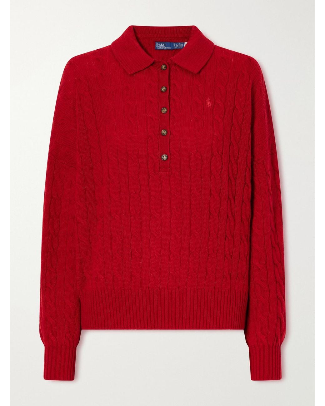 Polo Ralph Lauren Logo-Embroidered Cable-Knit Wool And Cashmere-Blend Polo Sweater