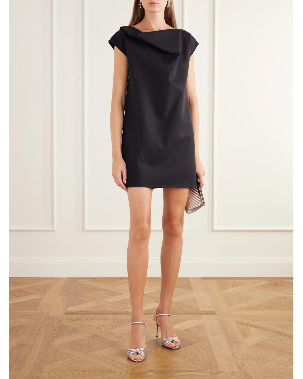 Oscar de la Renta Black Draped Double-Faced Stretch-Wool Mini Dress