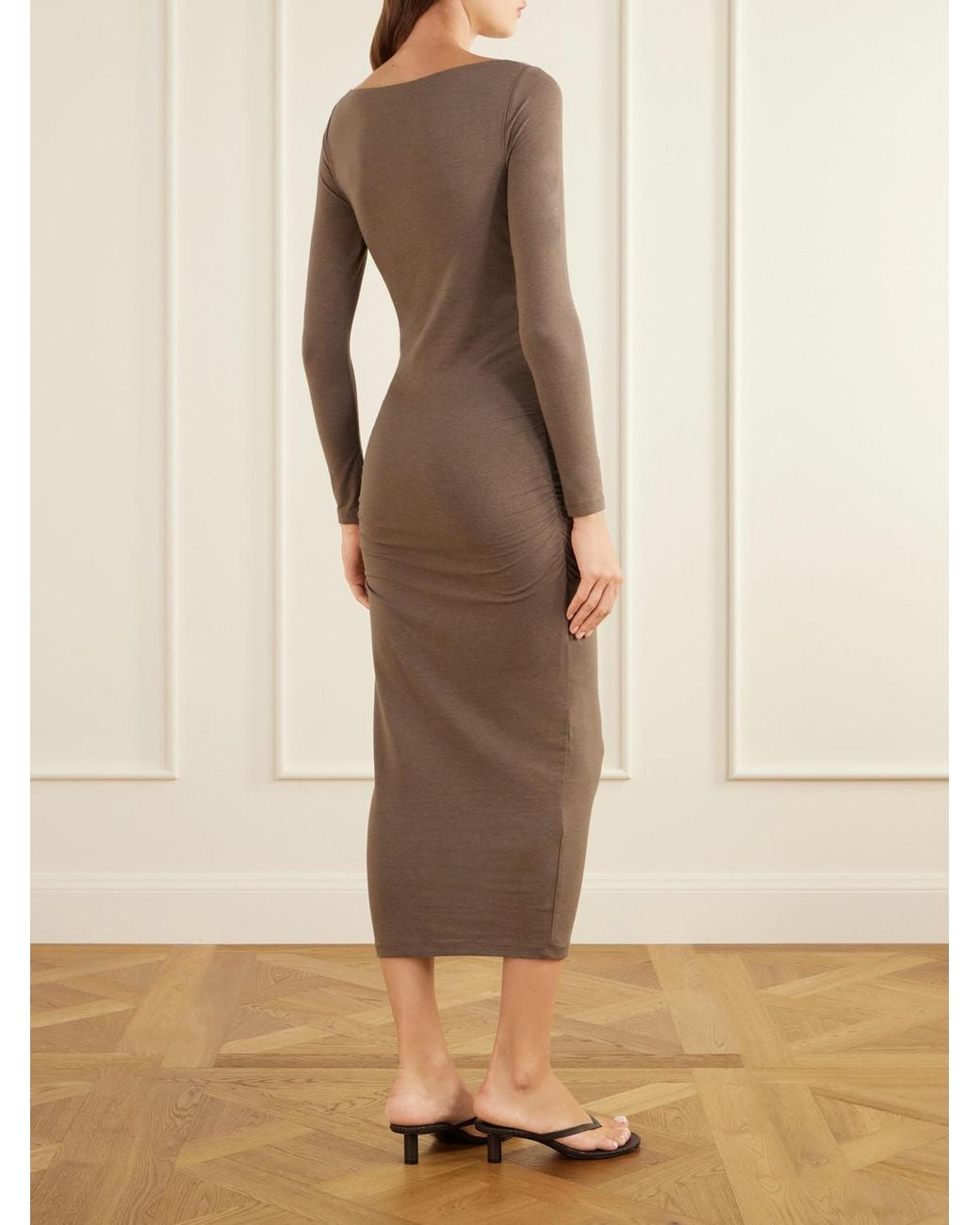 James Perse Natural Ruched Gathered Cotton-Blend Midi Dress