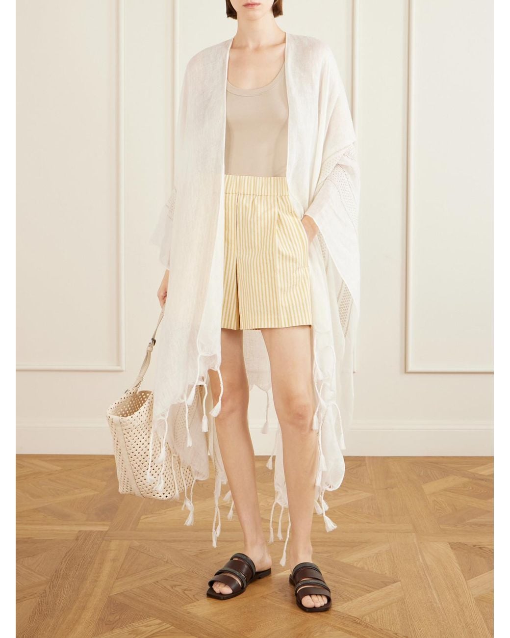Brunello Cucinelli White Fringed Broderie Anglaise-Trimmed Linen Poncho