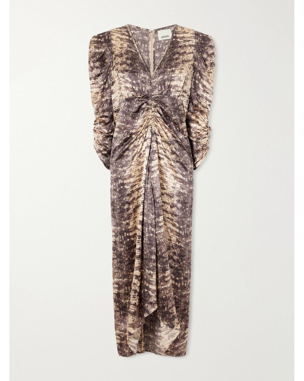 Isabel Marant Natural Albini Gathered Asymmetric Snake-Print Silk Midi Dress