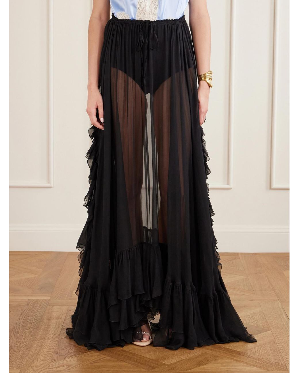 Chloé Black Ruffled Silk-Crepon Maxi Skirt