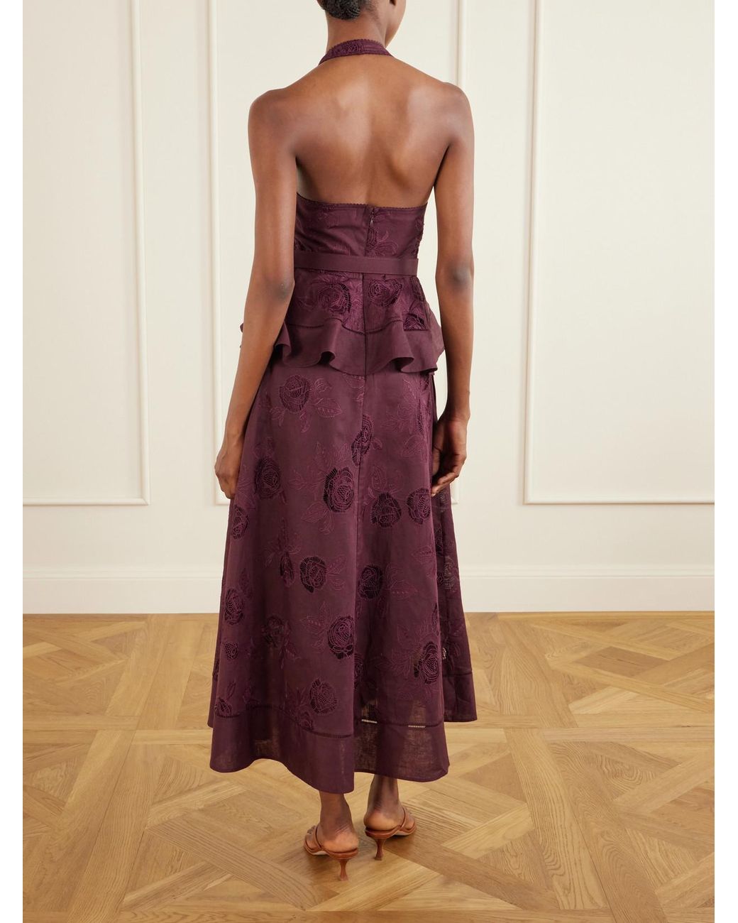 Self-Portrait Purple Belted Broderie Anglaise-Trimmed Linen And Cotton-Blend Peplum Midi Dress
