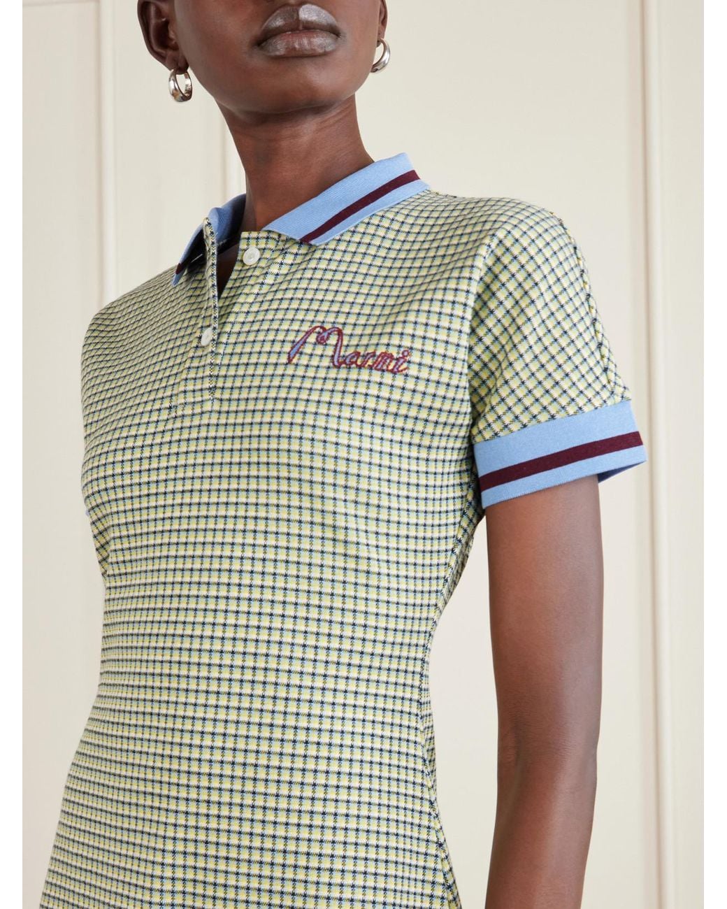 Marni Green Embroidered Checked Knitted Mini Dress