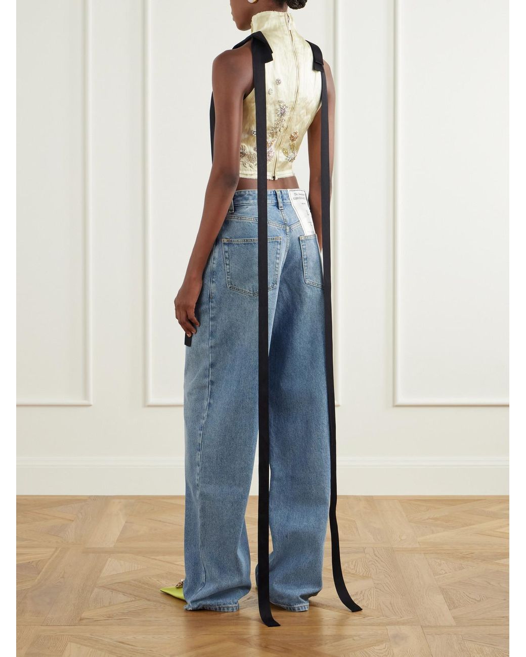 Erdem White Tie-Detail Cropped Embellished Satin Top