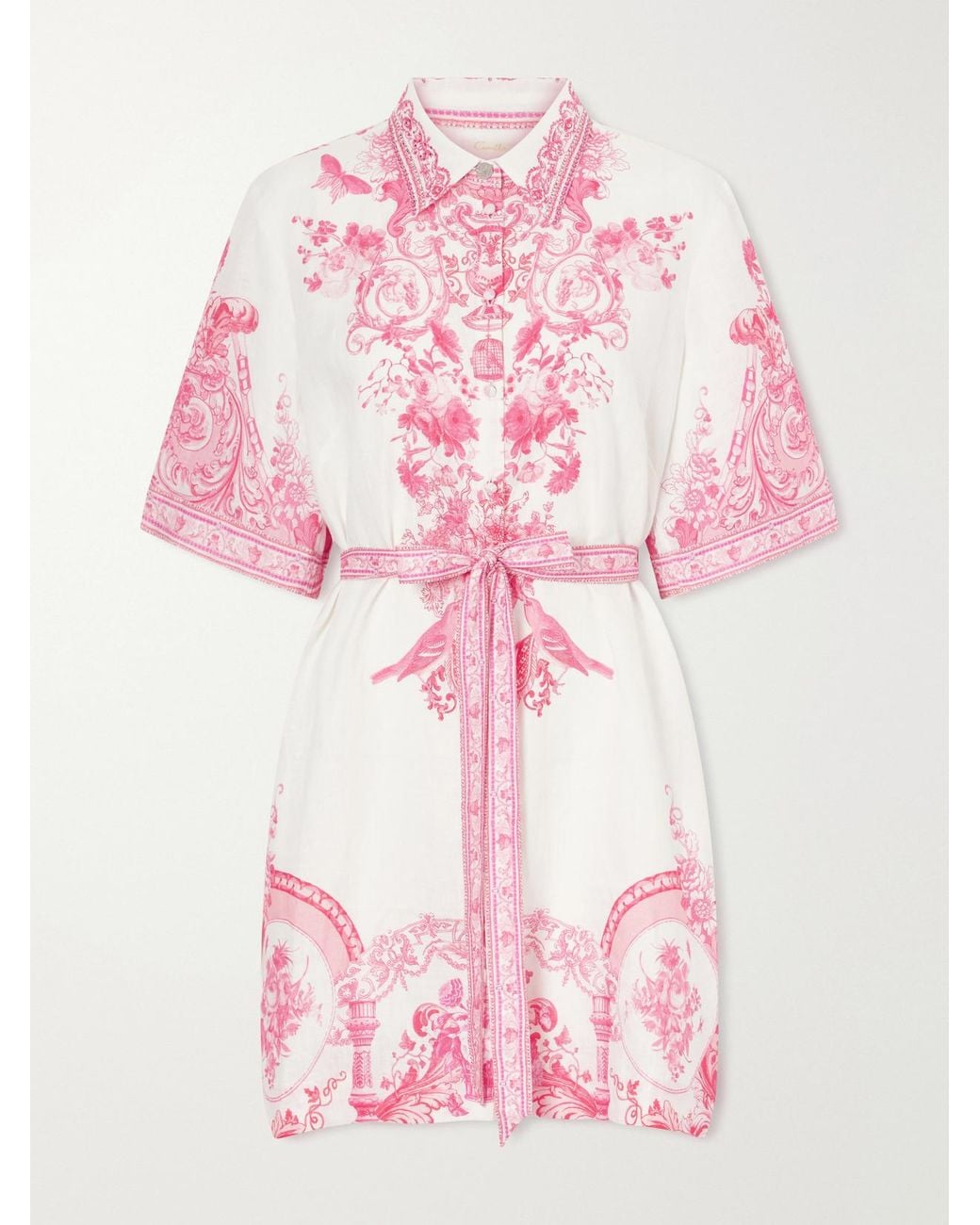 Camilla Pink Floral-Print Embellished Linen Mini Dress