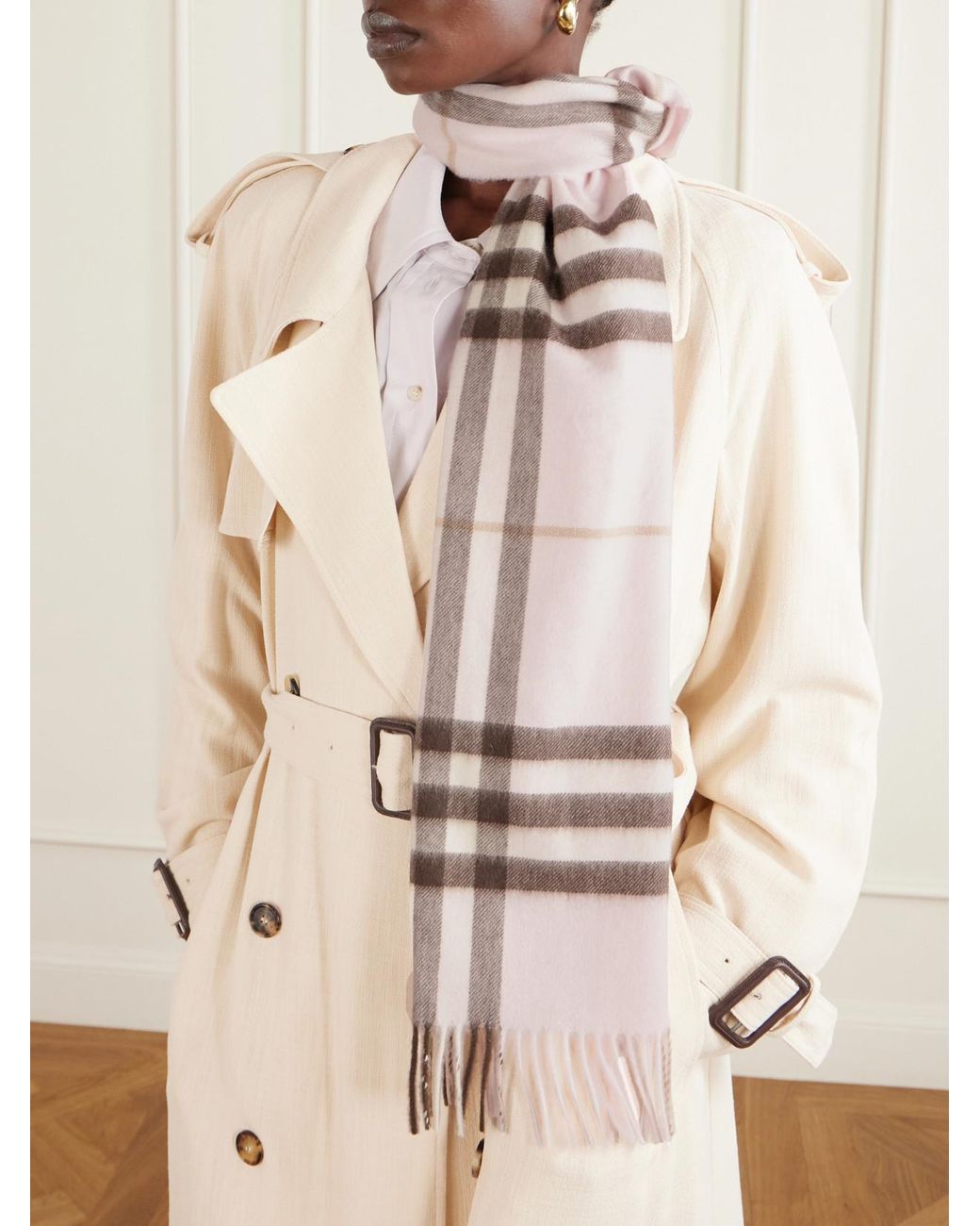 Burberry Natural Fringed Checked Cashmere Scarf