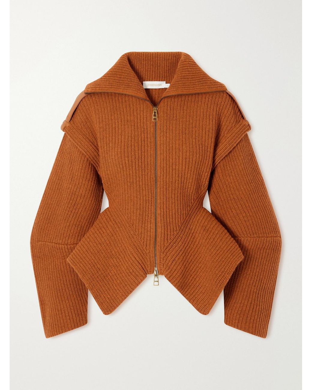 Zimmermann Brown Valiant Leather-Trimmed Ribbed-Knit Wool-Blend Cardigan