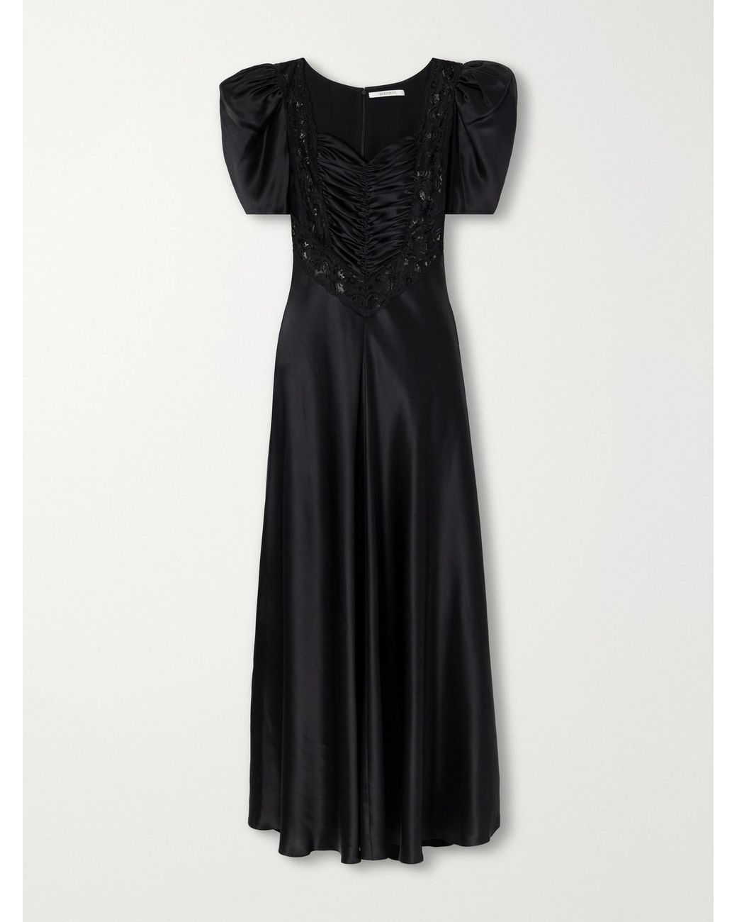 Rodarte Black Ruched Lace-Trimmed Silk-Satin Gown