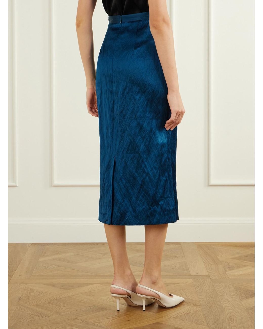 Erdem Blue Floral-Embroidered Metallic Satin Midi Skirt