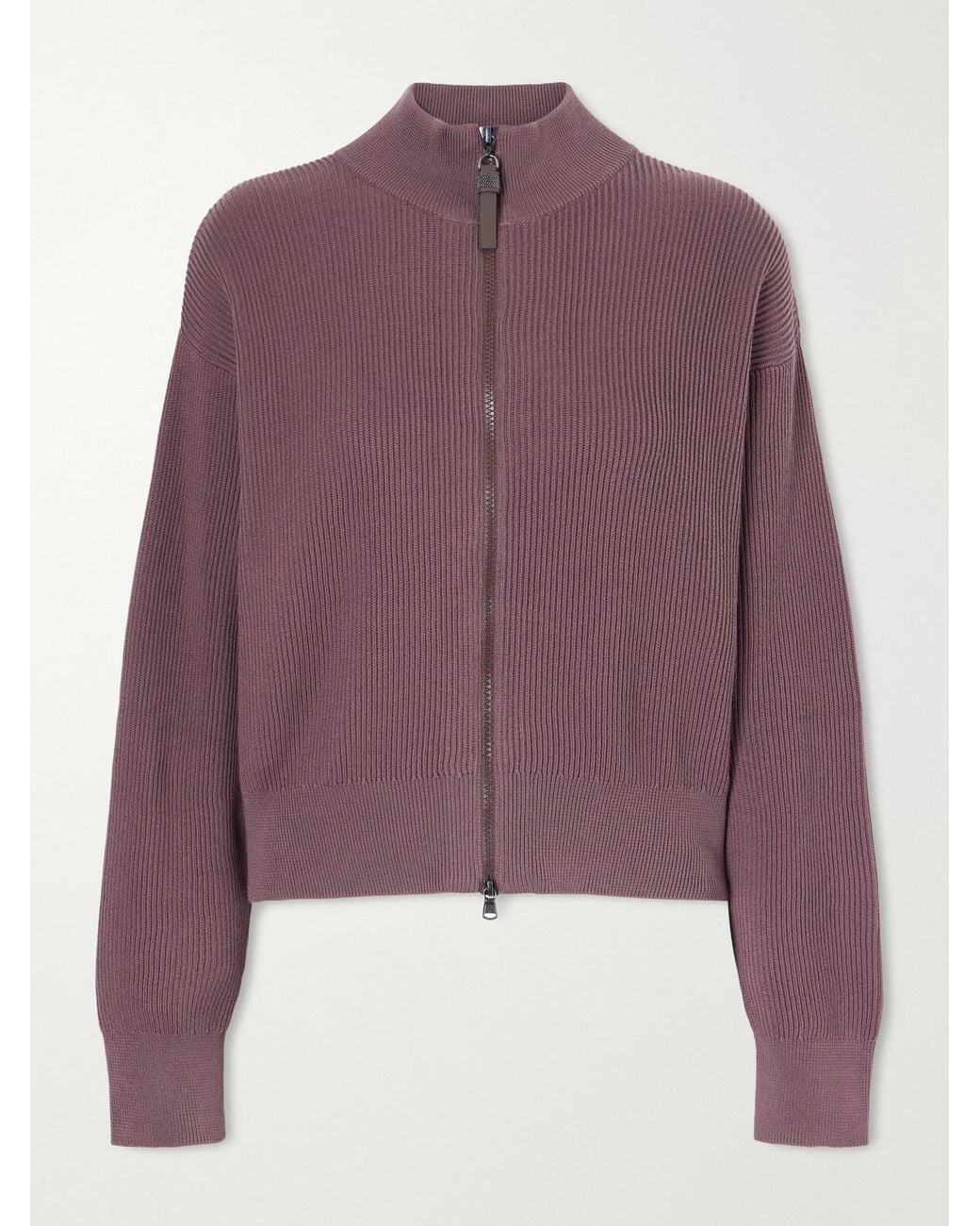 Brunello Cucinelli Purple Ribbed Cotton Zip-Up Turtleneck Cardigan