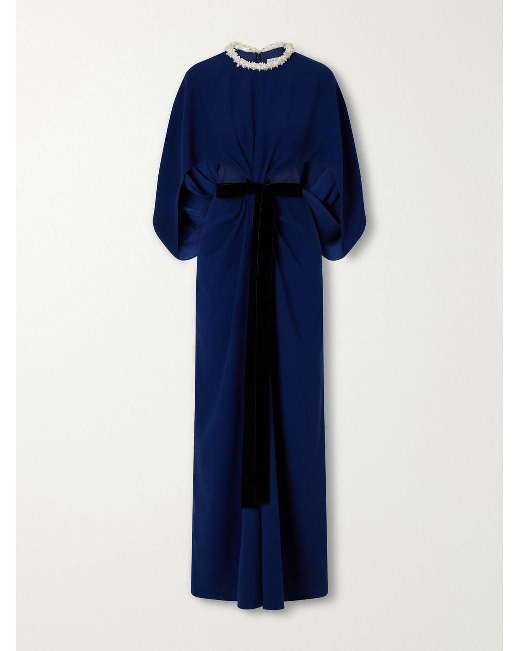 Jonathan Simkhai Blue Annette Cape-Effect Bead-Embellished Gathered Velvet-Trimmed Crepe Gown