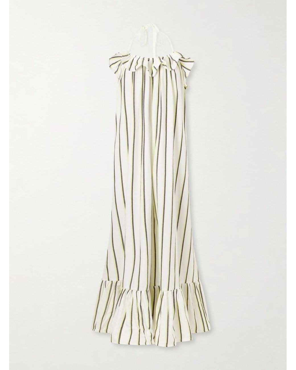 Marrakshi Life White Ruffled Striped Cotton Maxi Dress