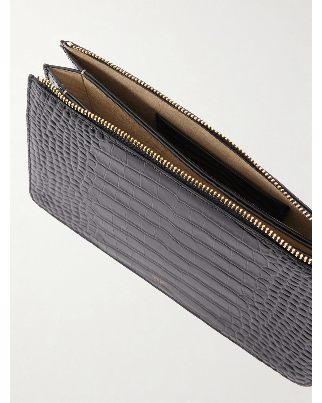 Totême Black Threefold Croc-Effect Leather Clutch