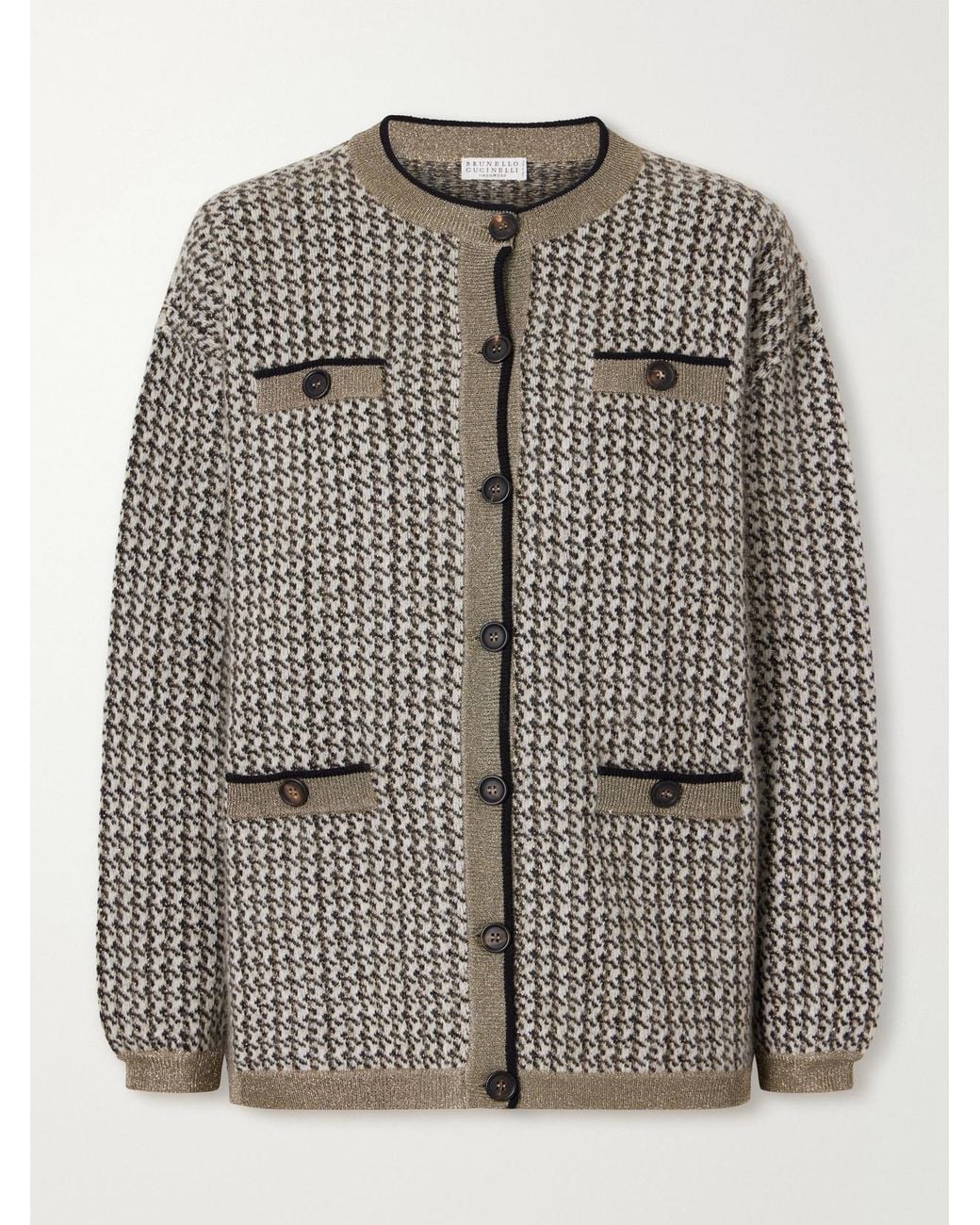 Brunello Cucinelli Gray Rib-Trimmed Houndstooth Knitted Cardigan