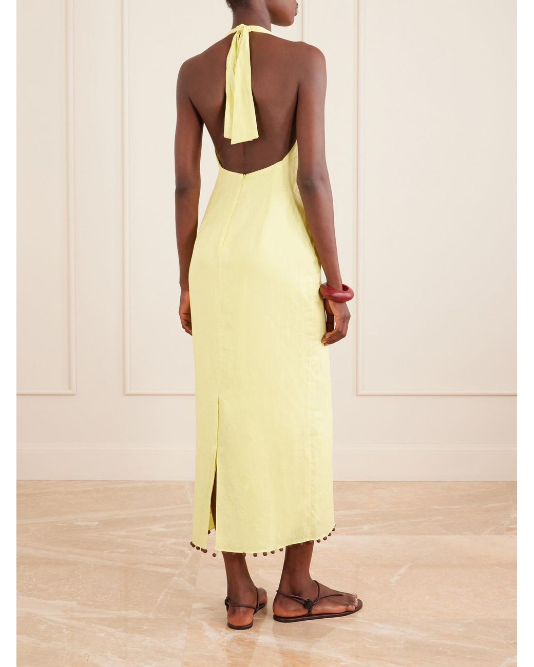 Cala De La Cruz Yellow Orly Embellished Cutout Linen Maxi Dress