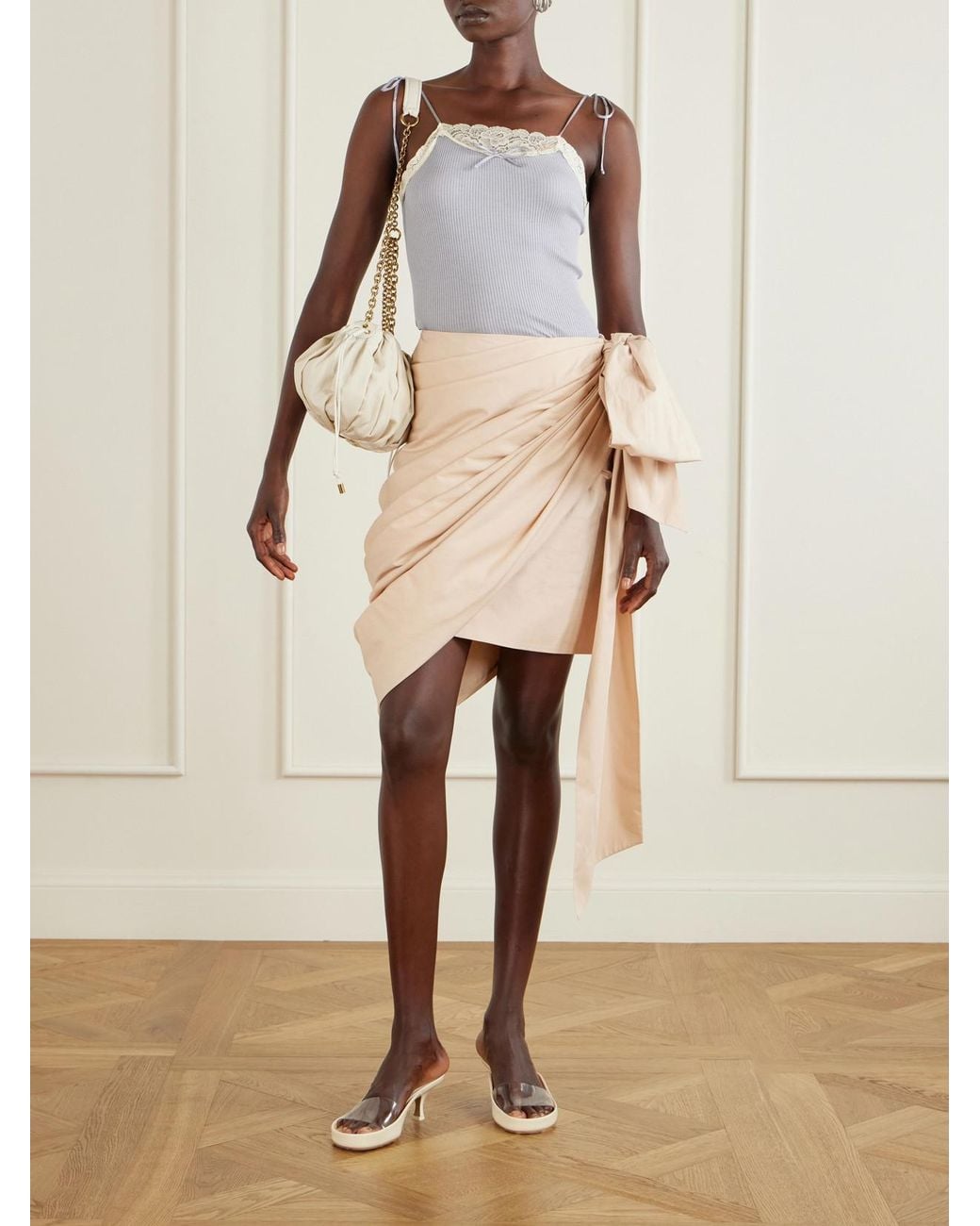 Chloé Natural Bow-Embellished Draped Cotton Midi Skirt