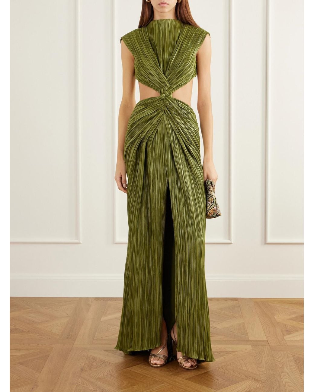 Cult Gaia Green Voss Open-Back Braided Gathered Plissé Gown