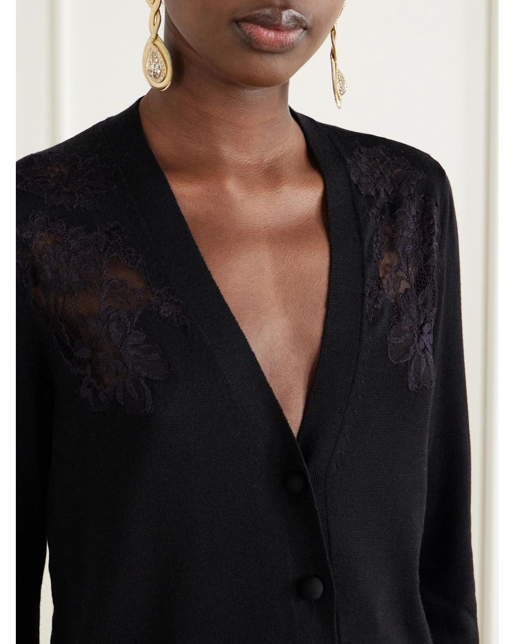 Valentino Garavani Black Lace-Trimmed Wool Cardigan