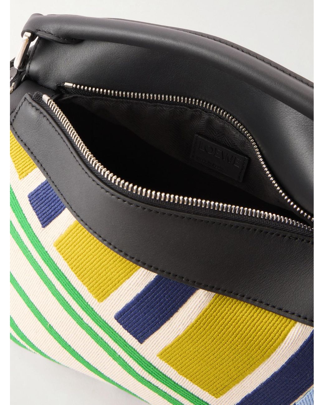 Loewe Green Puzzle Striped Leather-Trimmed Canvas Top-Handle Bag