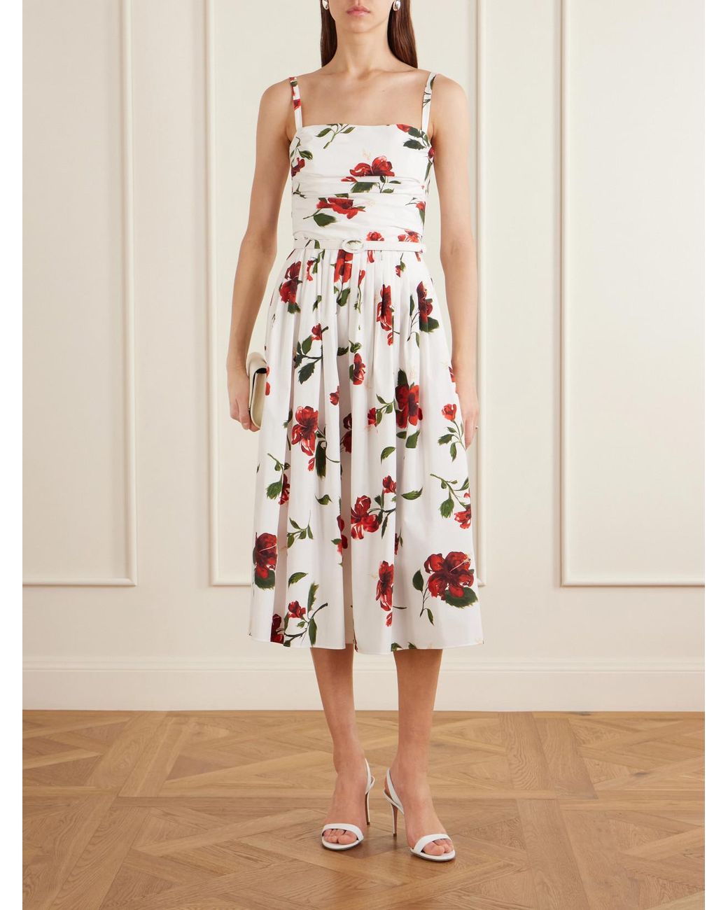Oscar de la Renta White Belted Pleated Floral-Print Cotton-Blend Poplin Midi Dress