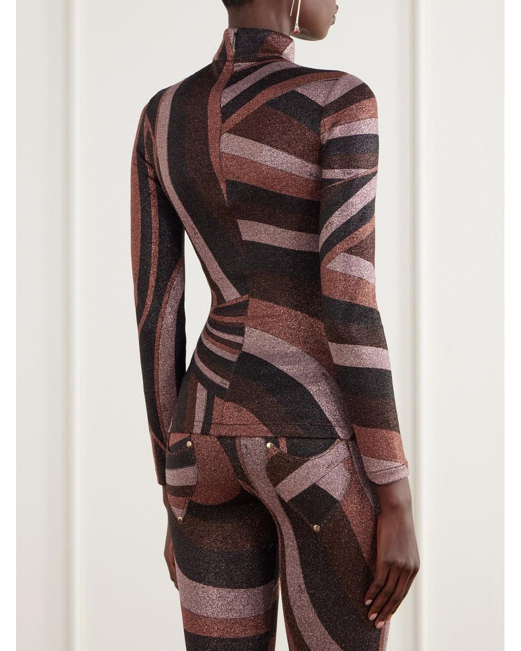 Emilio Pucci Brown Printed Stretch-Jersey Turtleneck Top