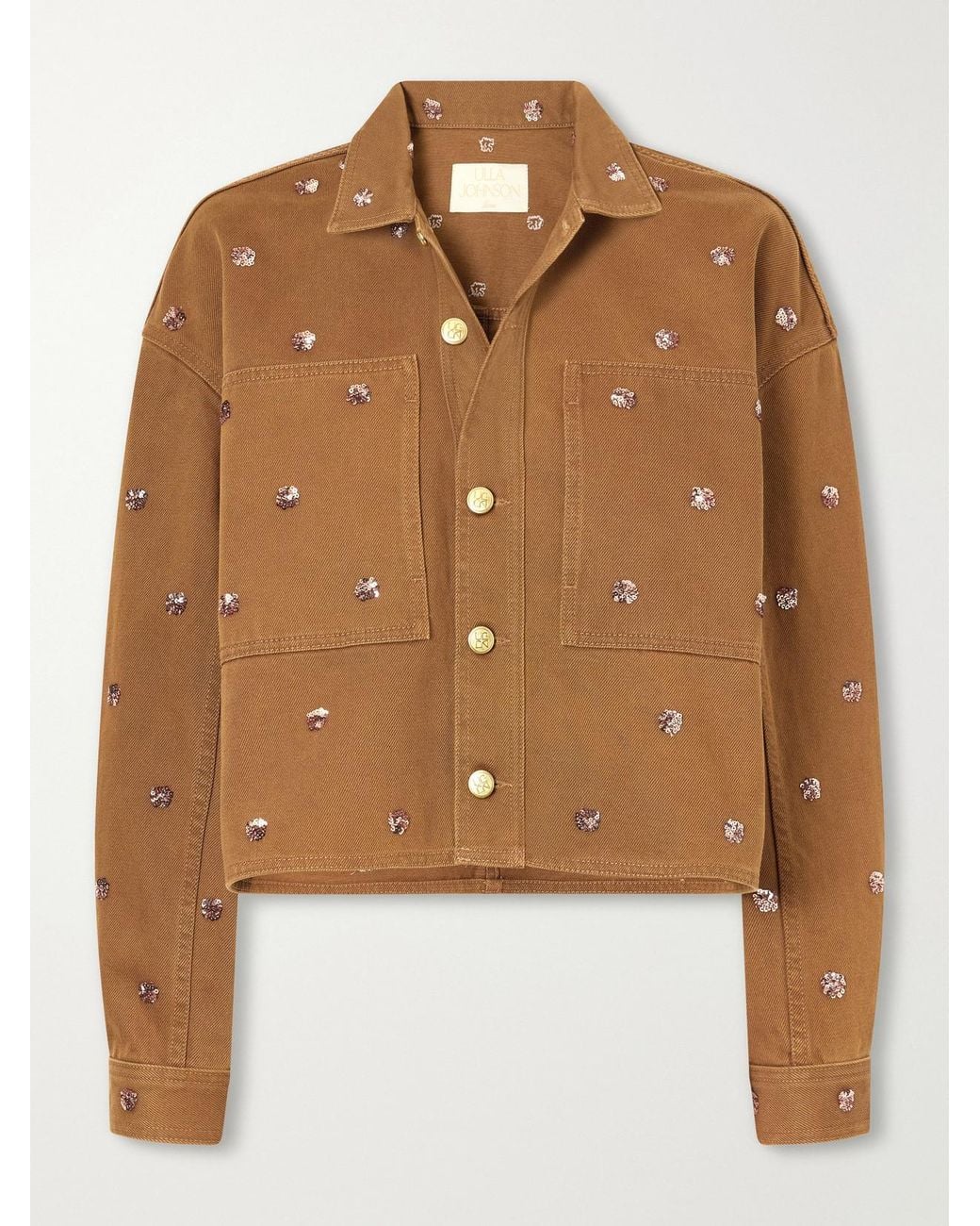 Ulla Johnson Brown The Bobbi Cropped Sequin-Embellished Denim Jacket