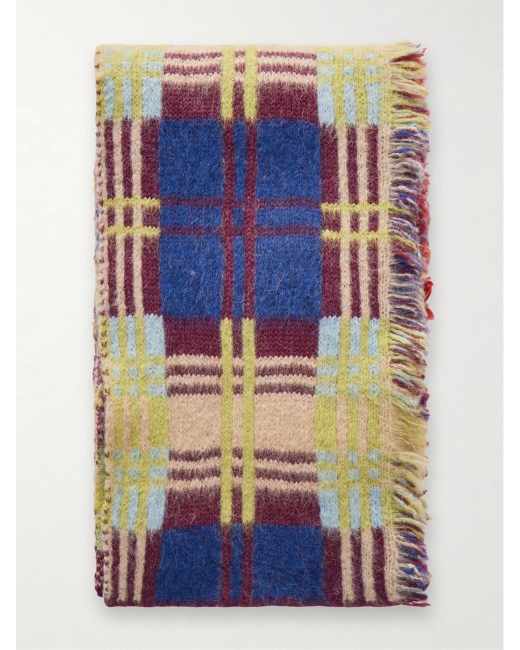 Dries Van Noten Blue Fringe-Trimmed Checked Brushed Wool-Blend Scarf