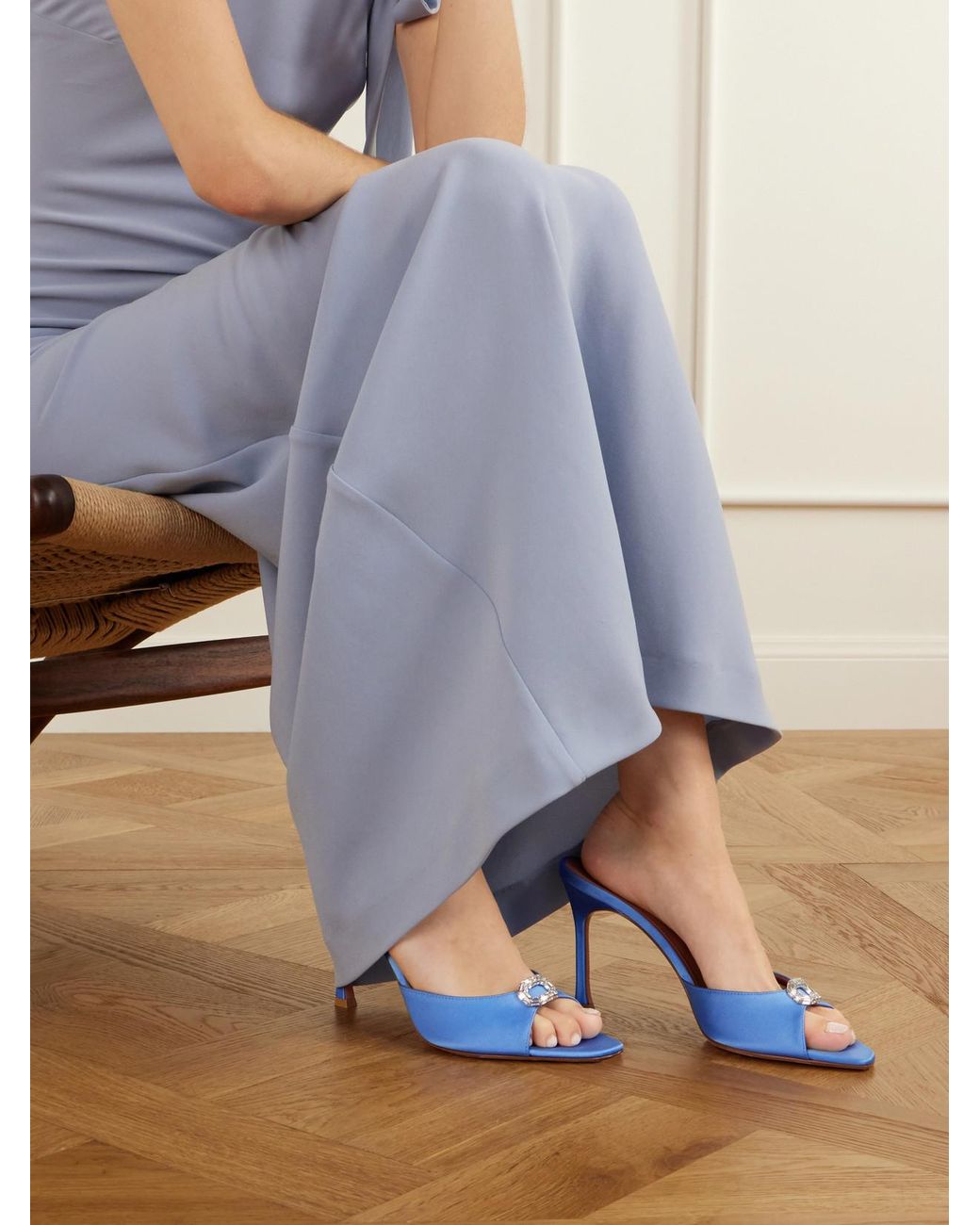 AMINA MUADDI Blue Mini Camelia 95 Crystal-Embellished Satin Sandals