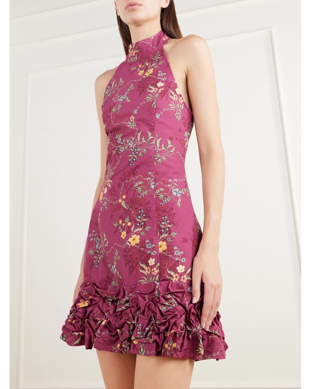 Agua Bendita Pink Cuenca Ruffled Floral-Print Cotton-Poplin Halterneck Mini Dress