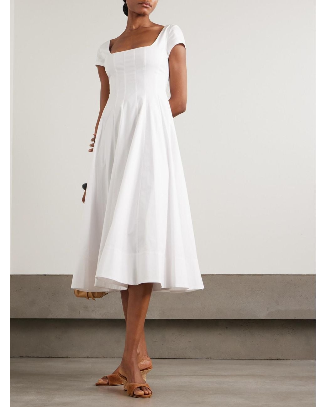 Staud White Wells Pleated Cotton-Blend Poplin Midi Dress