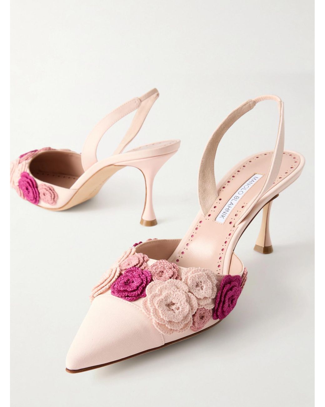 Manolo Blahnik Pink Svemutasli 70 Crochet-Trimmed Leather Pumps